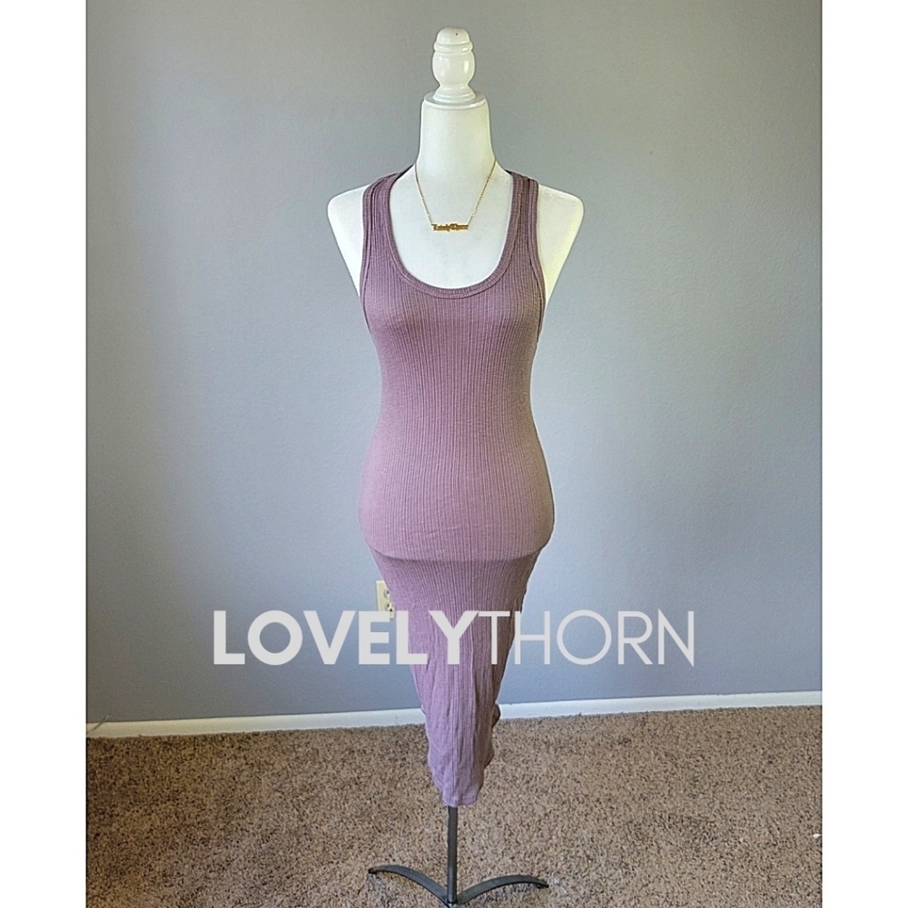 SUNDRY // mink super soft ribbed asymmetric racer back midi tank dress